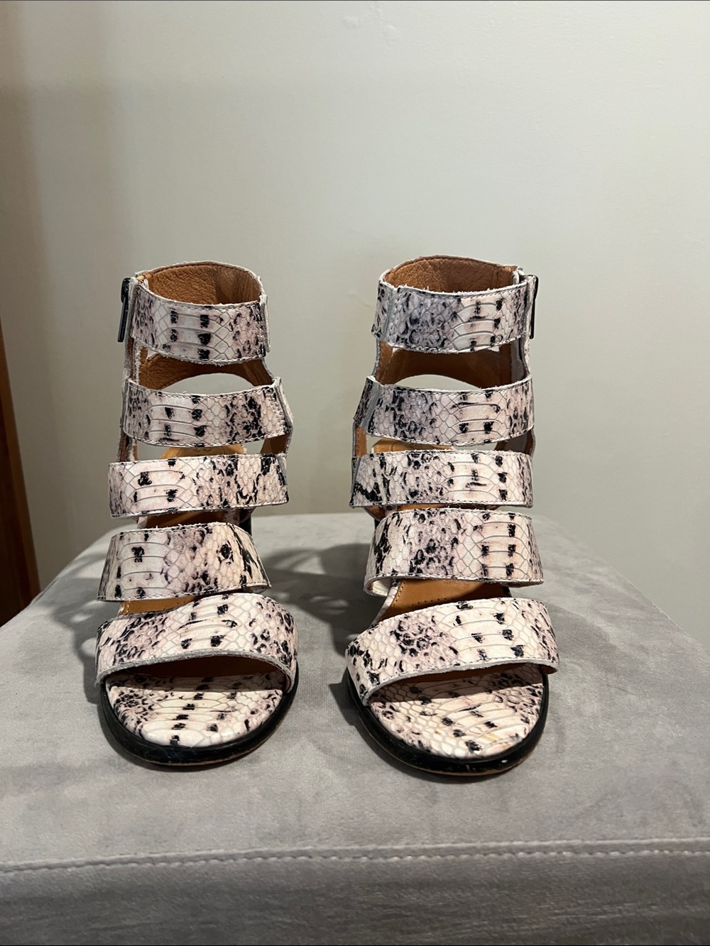 Corso Como White Snakeskin-Print Multi-Strap Block Heel Sandals